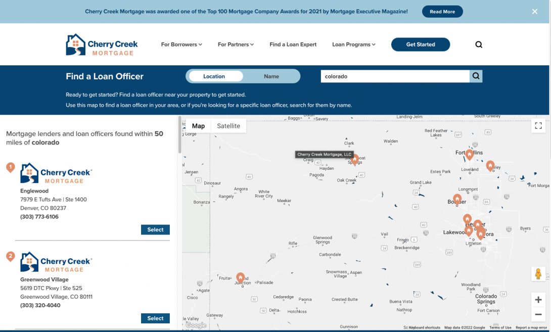 Cherry creek mortgage find an agent filter page screenshot