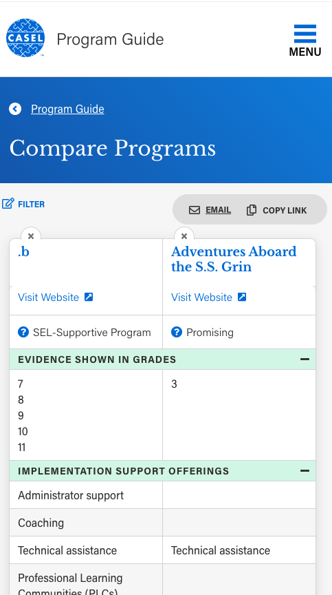 CASEL program guide compare page on mobile screenshot