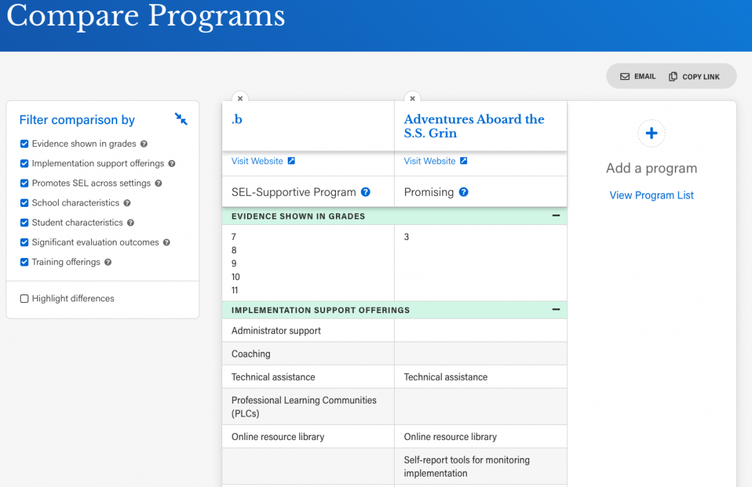 CASEL program guide compare page screenshot