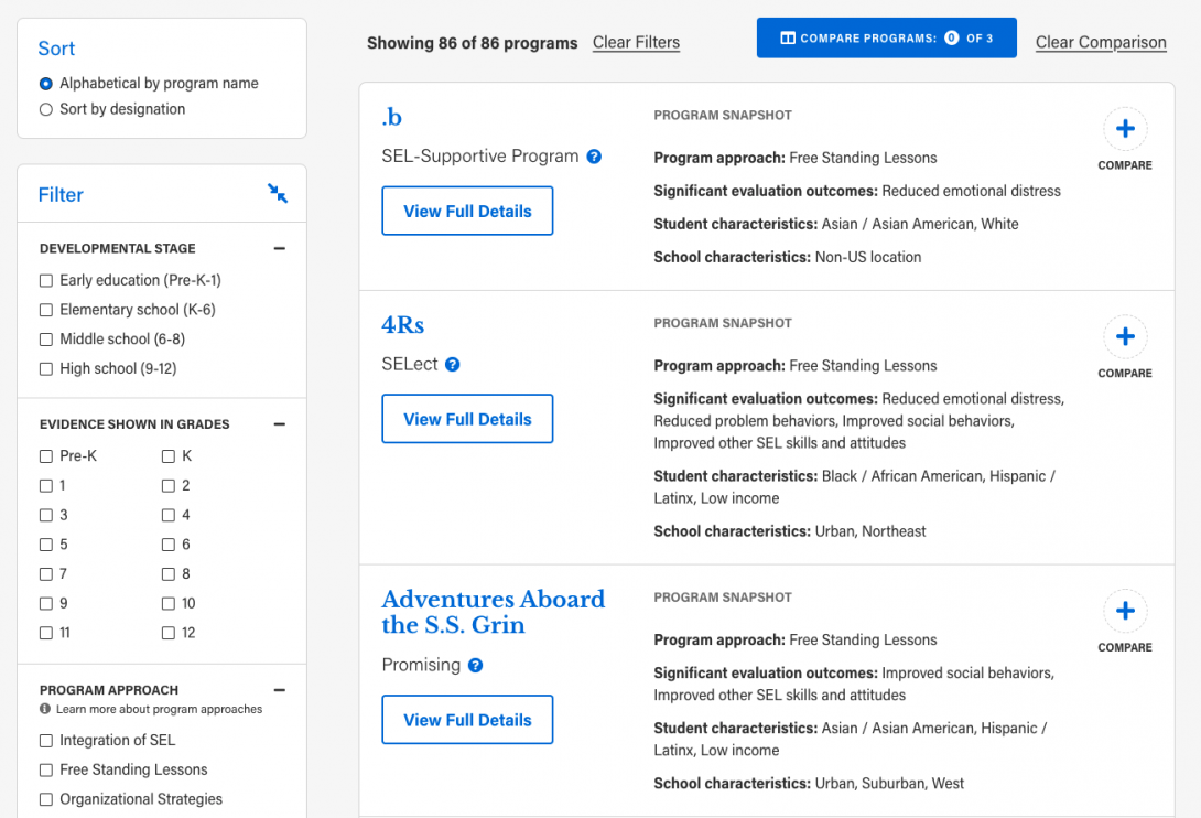 CASEL program guide filter screenshot