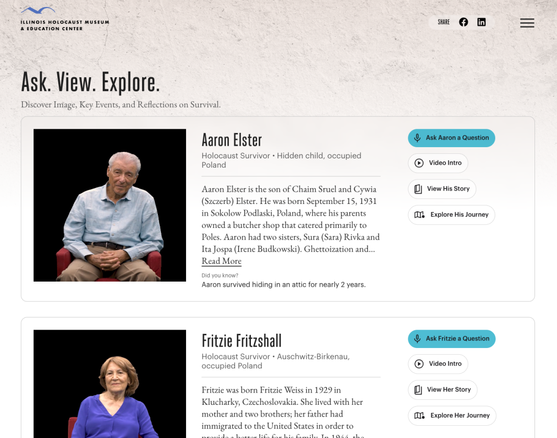 IHMEC "Voices of Survival" Survivor listing page